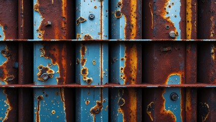 Weathered rusty metal panel textures with vibrant blue and orange hues ideal for backgrounds and design projects.