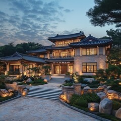 Obraz premium A beautiful image of an oriental style house and landscape