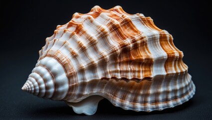 Obraz premium Beautiful Seashell with Intricate Patterns on a Solid Black Background Ideal for Nature and Coastal Themes