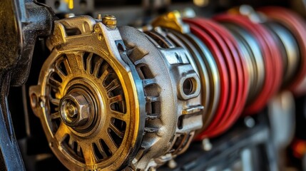 Close-Up View of an Automotive Alternator with Colorful Wiring