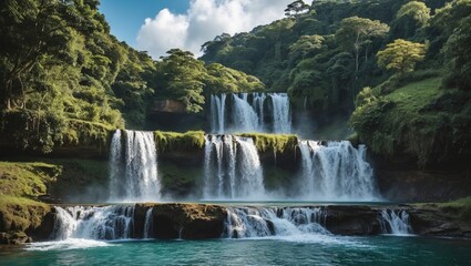 Fototapeta premium Majestic waterfalls cascading down lush greenery with tranquil waters beneath, featuring ample space for text or branding on an island paradise.
