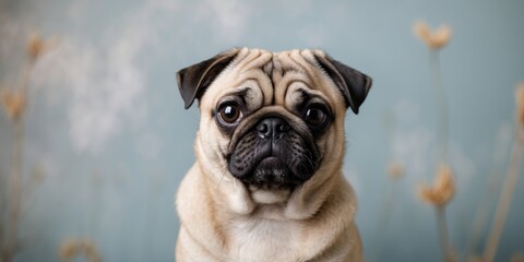Obraz premium Adorable pug dog portrait with expressive eyes and neutral background, ideal for pet-related content and promotional material.