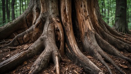 Tree roots textured background in forest showcasing natural wood patterns and earthy tones ideal for nature and environmental themes.