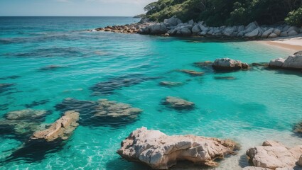 Obraz premium Turquoise Blue Water Gently Lapping Against Rocky Shoreline Under Clear Skies Ideal For Text Overlay In Coastal Promotions