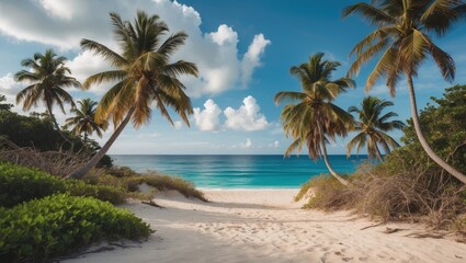 Fototapeta premium Serene Tropical Beach with Lush Palm Trees and Crystal Clear Ocean Under a Bright Blue Sky Ideal for Relaxation and Vacations