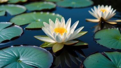 Serene view of blooming victoria waterlilies with lush green pads floating on tranquil water surface in natural environment.