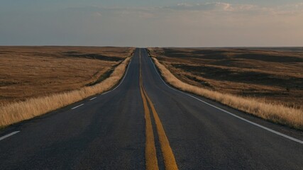 Fototapeta premium Endless Road Through Golden Steppes Under Soft Sky Light Perfect for Adventure or Travel Themes