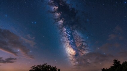 Fototapeta premium Stunning Night Sky Overhead Featuring The Milky Way Galaxy Illuminating A Serene Landscape With Glimmering Stars