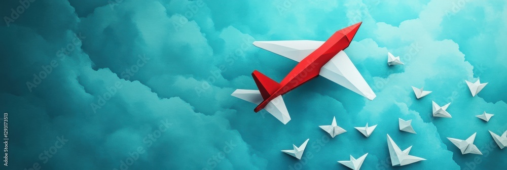 Poster red and white airplane leads a formation of paper planes across a bright blue sky symbolizing leader
