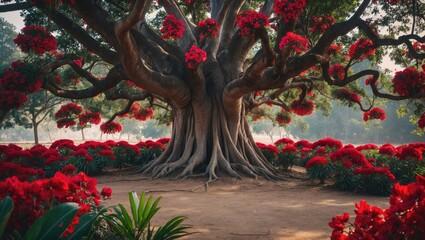 Sacred Ashoka Tree with Vibrant Red Flowers in a Serene Landscape Symbolizing Harmony and Spirituality in Hinduism