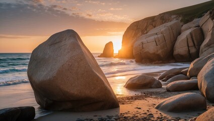 Breathtaking Sunset Illuminates Majestic Seaside Boulders on a Tranquil Beach with Gentle Waves and Scenic Coastal Landscape
