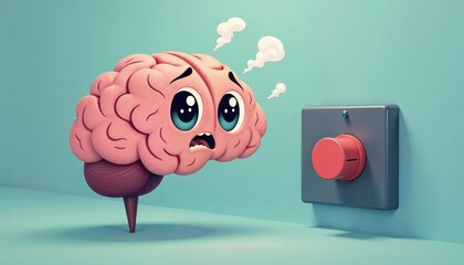 Worried cartoon brain character next to a large switch in whimsical setting