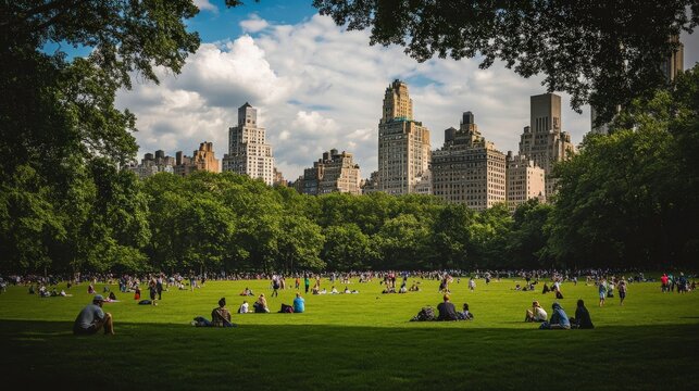 People Enjoying Nature in a Bustling Urban Park