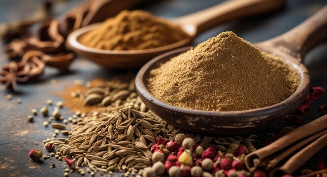 Vintage spices composition featuring ground cumin and whole seeds on rustic wooden spoons with a textured background for culinary inspiration.