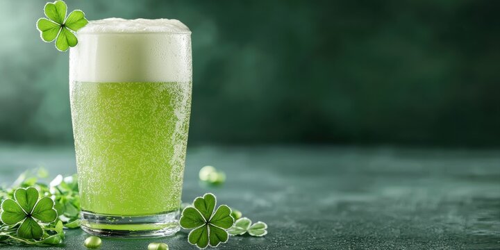 St.Patrick’s Day Celebration Concept, Refreshing green beer in a frosty glass, garnished with clovers, set against a soft green background.
