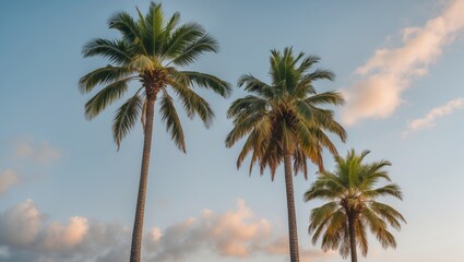 Fototapeta premium Tall palm trees against a serene sky featuring a larger and smaller tree, ideal for adding text or captions in a tropical setting.