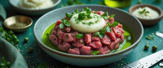Modern steak tartare with green oil and parmesan foam elegantly presented in a bowl, garnished with fresh herbs and vibrant colors.