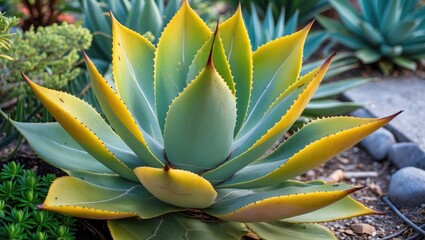 Obraz premium Vibrant Agave Plant with Green and Yellow Leaves Showcasing Succulent Beauty in a Tropical Garden Setting