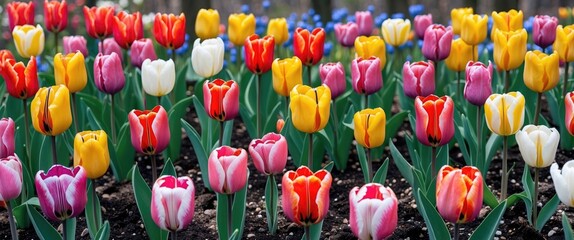 Obraz premium Vibrant Tulip Flower Garden Displaying a Spectrum of Colors in Springtime with Lush Greenery and Space for Custom Text or Messages