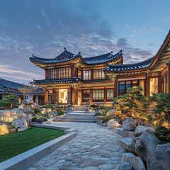 Fototapeta premium A Korean traditional structure showcasing a beautiful house with stone path