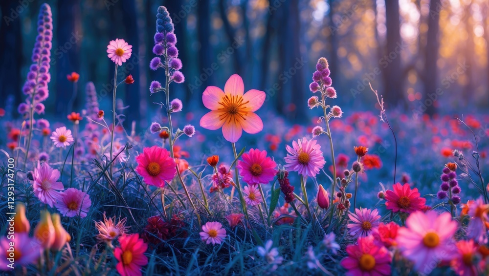 Wall mural vibrant wildflowers blooming in a tranquil forest setting showcasing a delightful array of colors du