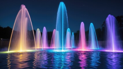 Illuminated fountains with colorful jets creating dynamic water displays at night against a dark sky reflecting vibrant hues on the surface.