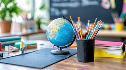 Colorful Classroom with Globe and Art Supplies on a Wooden Desk