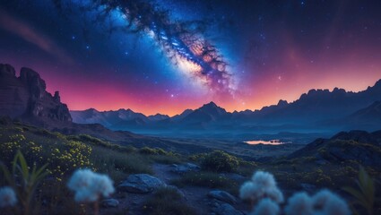 Stunning Milky Way Galaxy Over Serene Mountain Landscape With Colorful Sky And Flowers, Ideal For Text Overlay And Nature Themes