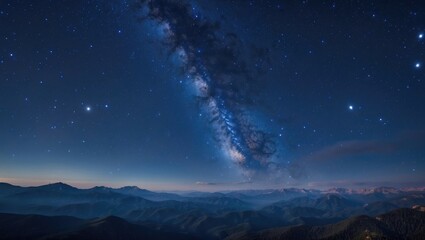 Night Sky Over Mountain Range with Stars and Milky Way in Deep Blue Atmosphere