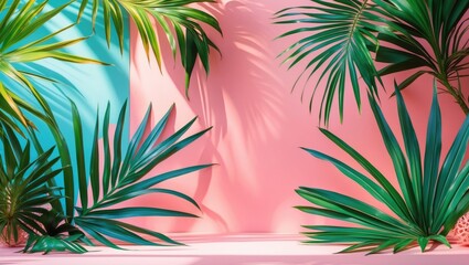 Tropical palm leaves against a pastel background creating a serene atmosphere with ample copy space for text or design elements.