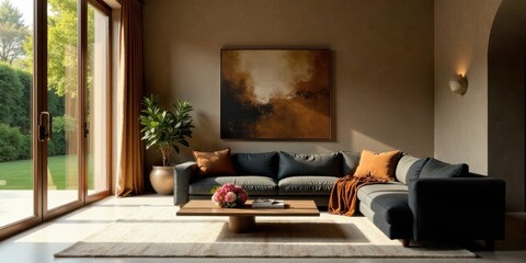 Serene Modern Living Room with Natural Light and Earthy Tones Featuring a Sectional Sofa and Abstract Wall Art