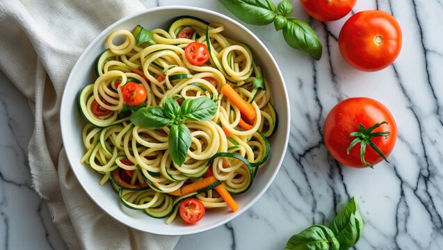 Vegetarian spirali pasta with zucchini, carrots, cherry tomatoes and fresh basil in a white bowl on a marble table setting