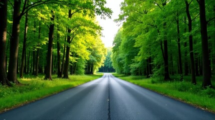 Fototapeta premium Asphalt road vanishing point perspective, leading through a lush green deciduous forest canopy, sunlight dappled along the path