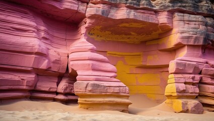 Colorful sandstone formations featuring vibrant pink and yellow hues in a natural landscape environment.