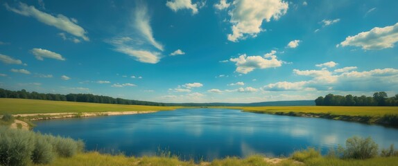 Fototapeta premium Rural Reservoir Landscape Under Bright Blue Sky With Reflections And Copy Space For Text In A Tranquil Natural Setting