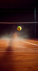 High Speed Tennis Ball Soaring Over Red Clay Court in Dark Indoor Setting