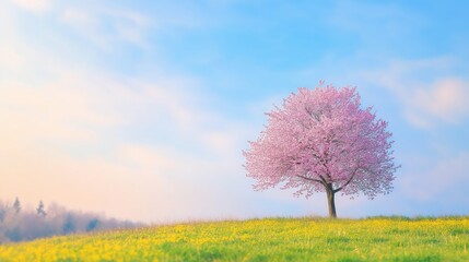 Beautiful Cherry Blossom Tree on a Green Hill in Spring