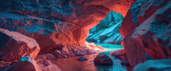 Vivid rock formations in a serene canyon with glowing hues reflecting on water creating a captivating natural landscape.