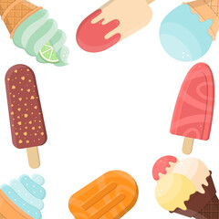 Ice Cream Frame. Summer Sweets Background. Cold Food, Frozen Icecream Backdrop. 
