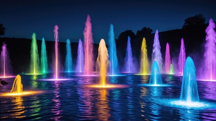Illuminated multicolored water fountains creating dynamic displays of light against a night sky, showcasing vibrant and artistic water jets.