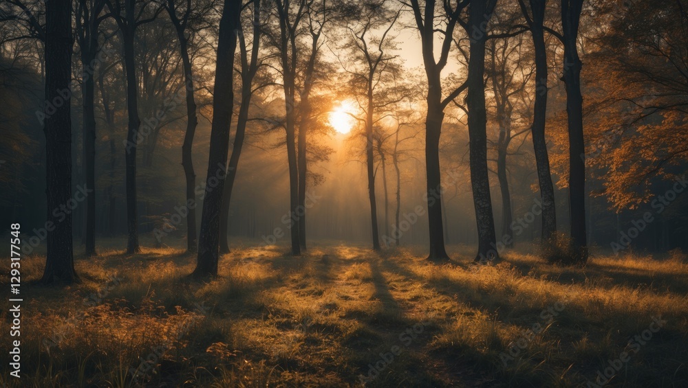 Wall mural serene forest atmosphere at dawn with sunlight filtering through trees and space for text overlay