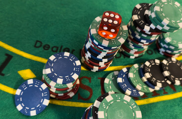 Casino chips and dice view.