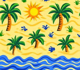 Fototapeta premium A charming old-style 50s-70s seamless pattern with retro floral designs, colorful palms, waves, and sun, perfect for stock surfing illustrations