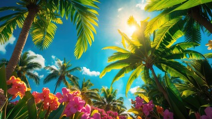 Tropical Paradise Scene with Lush Palm Leaves and Vibrant Flowers Bathed in Sunlight Against a Clear Blue Sky