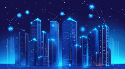 Smart city at night, digital network, glowing buildings, futuristic cityscape, technology background
