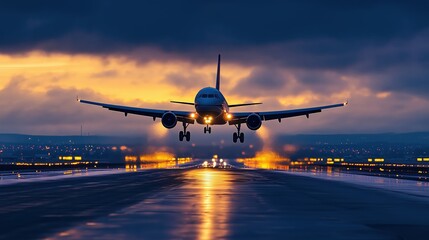 Fototapeta premium Airplane Landing on Runway at Sunset with Mountains