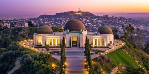 Obraz premium A stunning view of an observatory at sunset. The building features domes and lit pathways, highlighting a beautiful architectural style. Ideal for nature and travel photography. AI