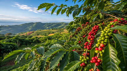 Lush green coffee plantation with ripe and unripe coffee cherries against scenic mountainous backdrop. vibrant colors and natural beauty evoke sense of tranquility and abundance