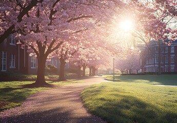Obraz premium A Path Lined with Blooming Cherry Blossom Trees (Sakura), Featuring Vibrant Pink Flowers, Green Grass, and a Soft, Dreamy Atmosphere.