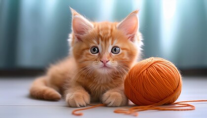 Fototapeta premium Adorable Orange Kitten Playing with a Ball of Yarn in a Cozy Home Environment, Evoking a Warm and Inviting Atmosphere.